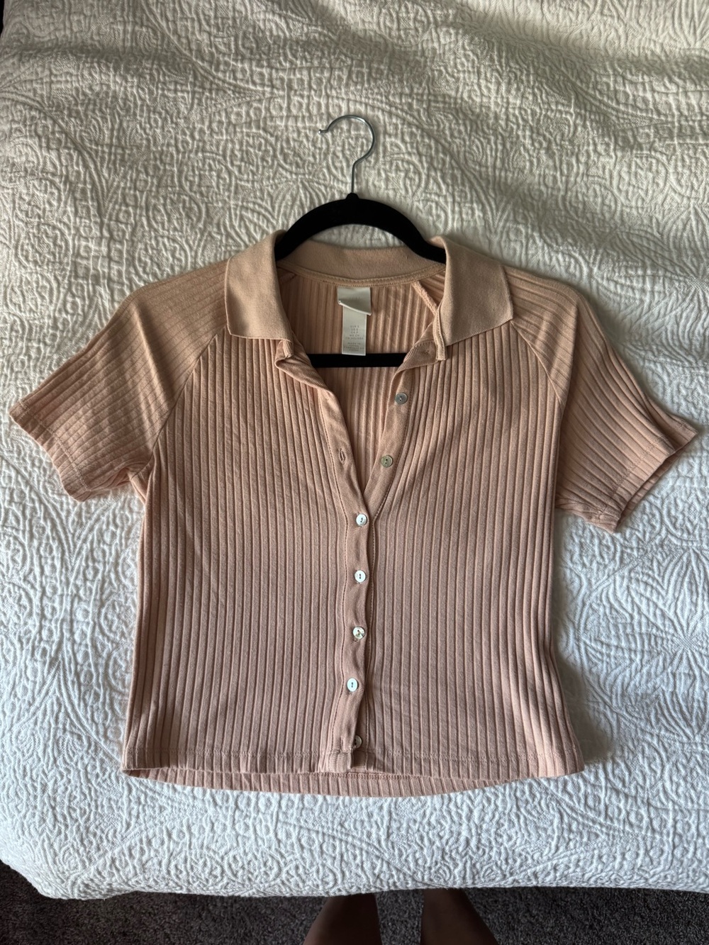 H&M Ribbed Button-Front Polo Top in Blush Pink